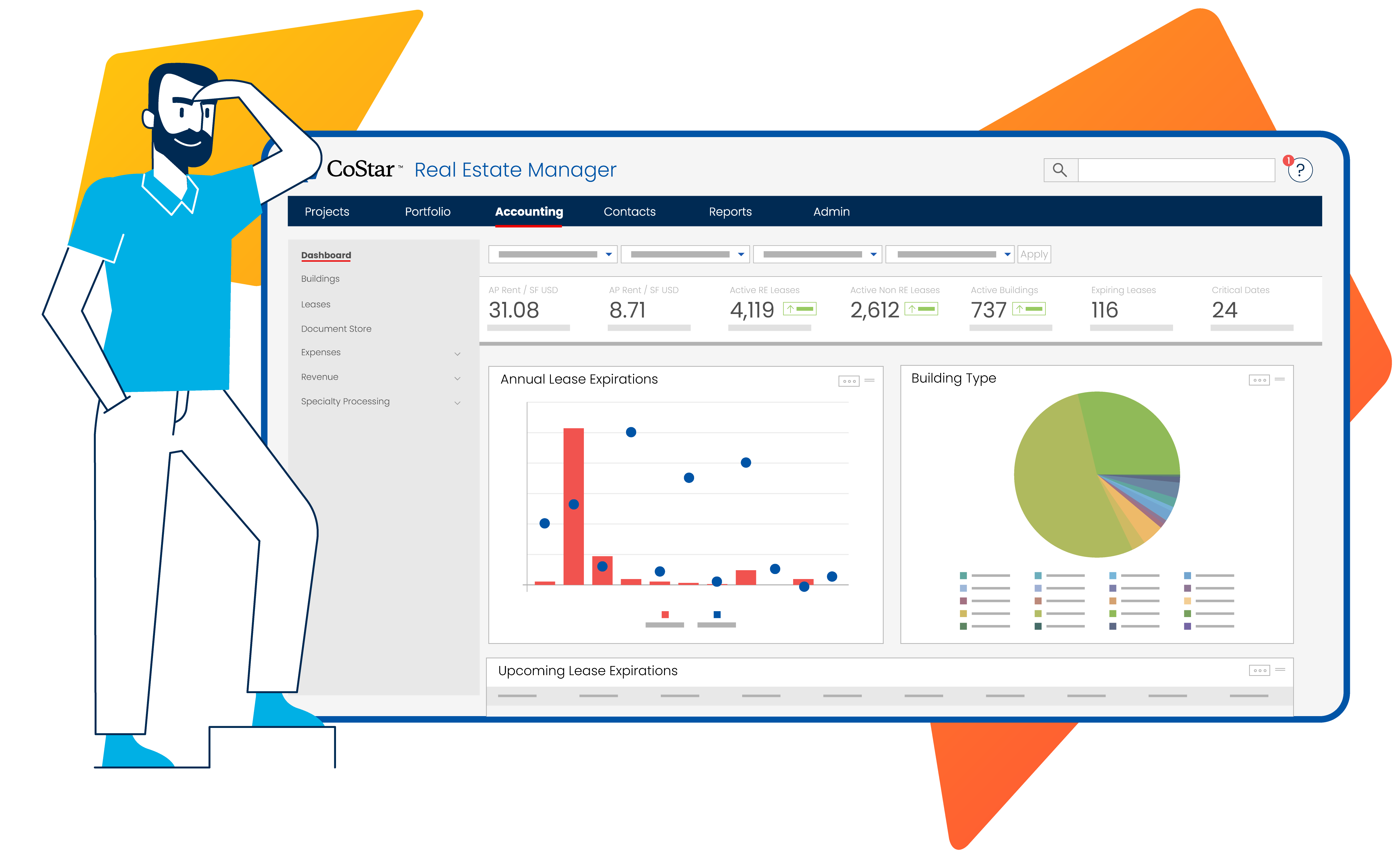 Illustration of a male lease administrator with his hand at his brow so he look outward. He's standing in front of the CoStar Lease Admin interface