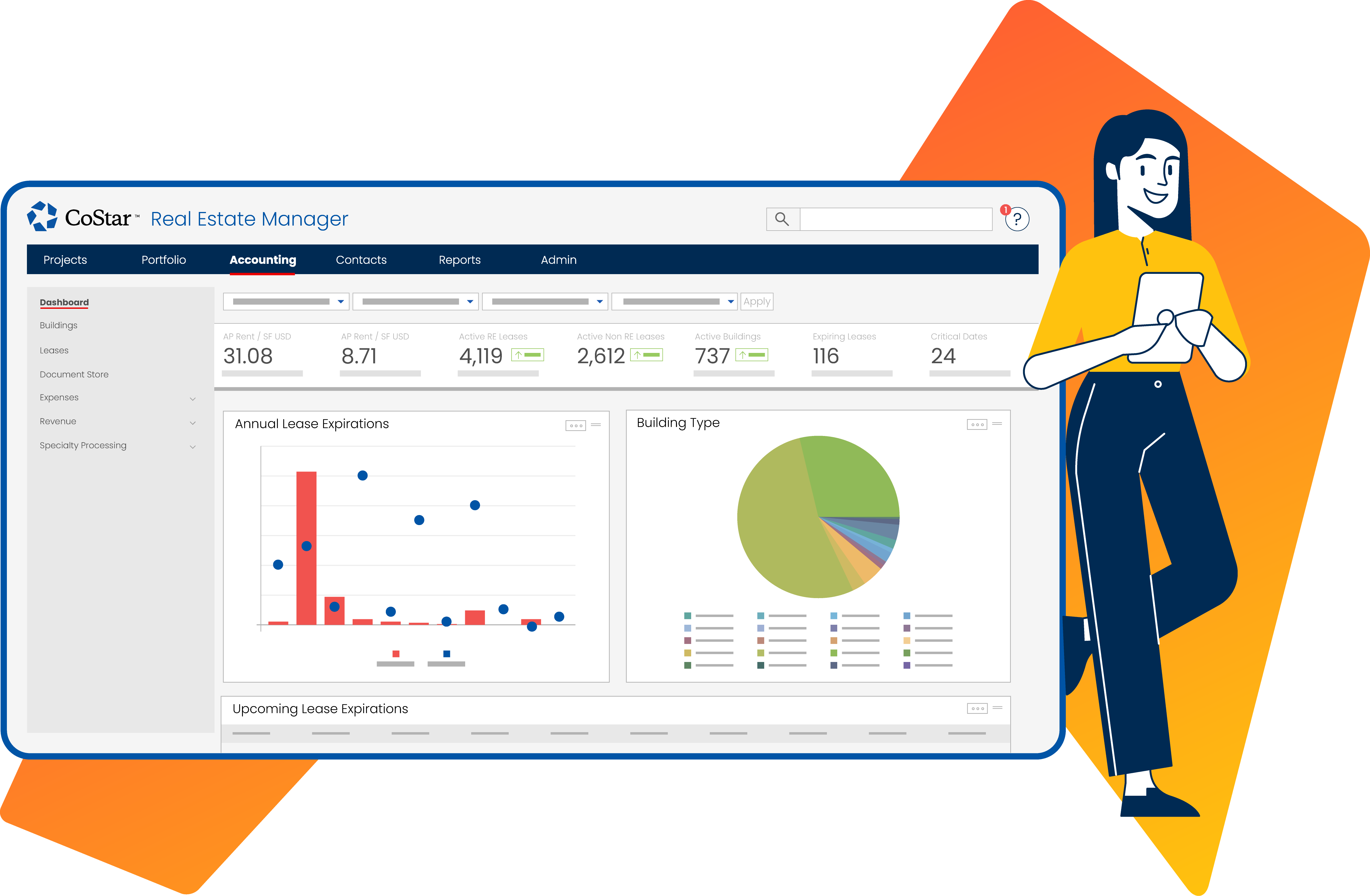 Illustration of a woman leaning against a CoStar Real Estate Manager interface