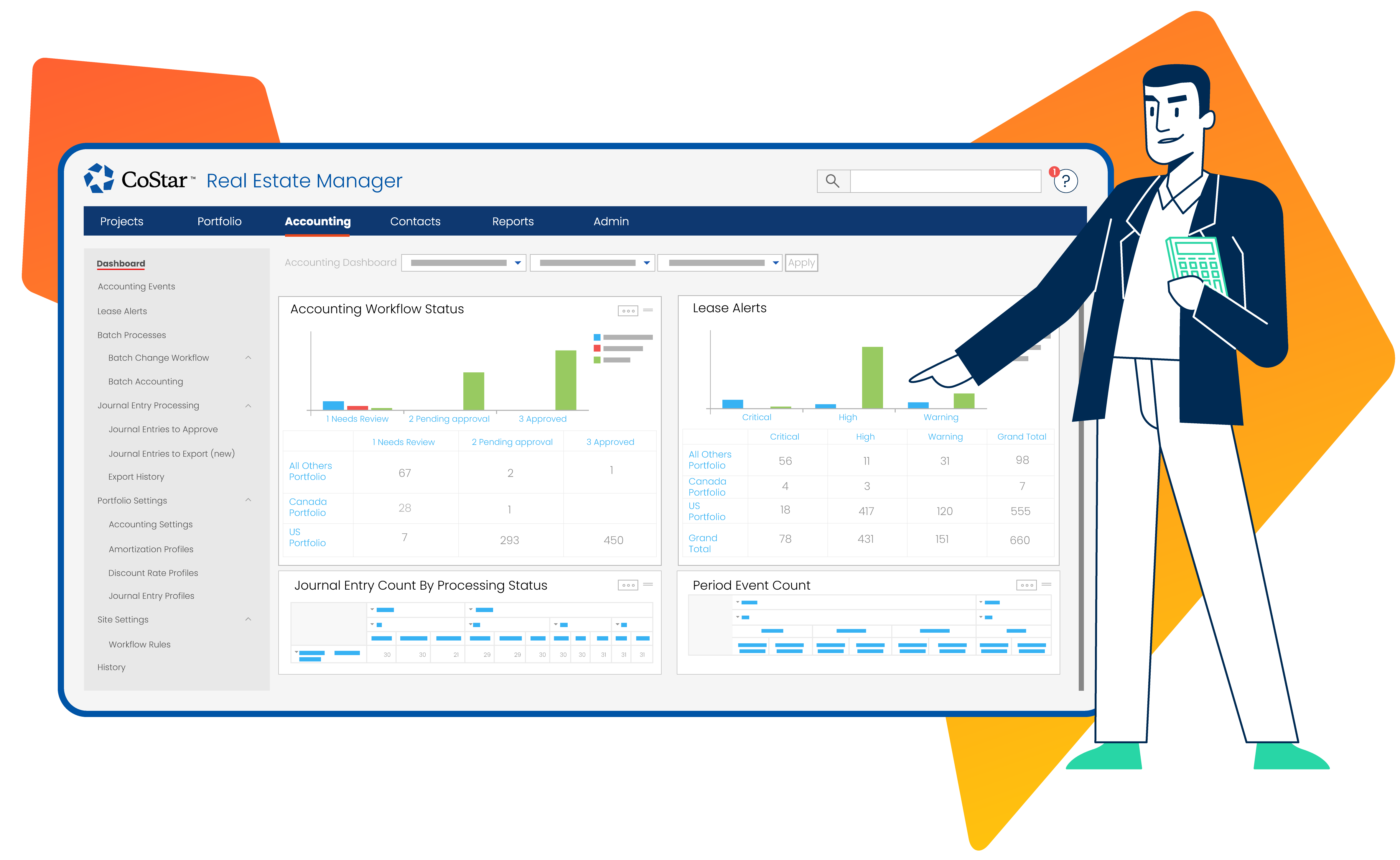 Illustration of male lease accountant holding a calculator and pointing at the CoStar Lease Accounting Page