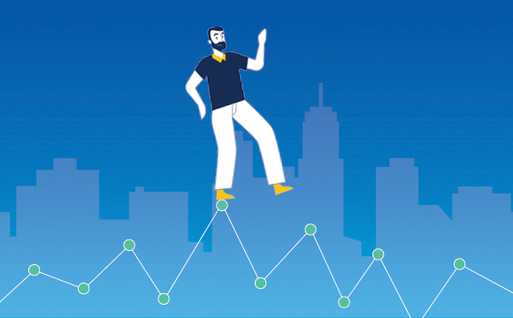 Illustrated man balancing on a chart with skyline in background