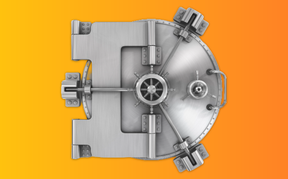 Image of a locked vault door against an orange and yellow gradient background
