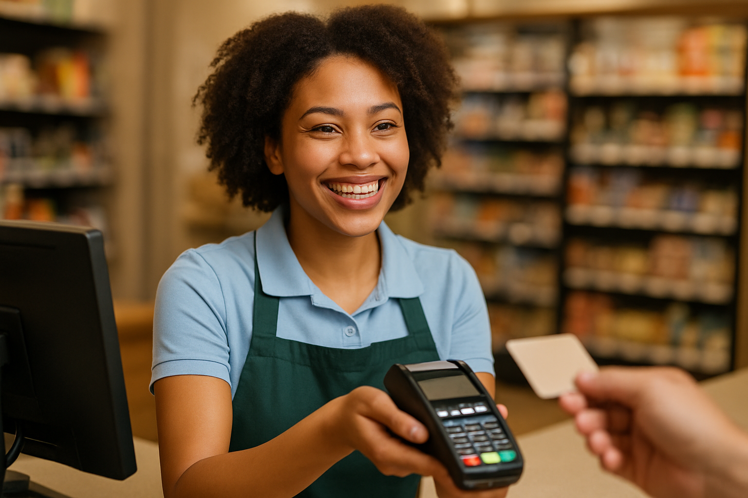 photographic a smiling cashier completing a sale