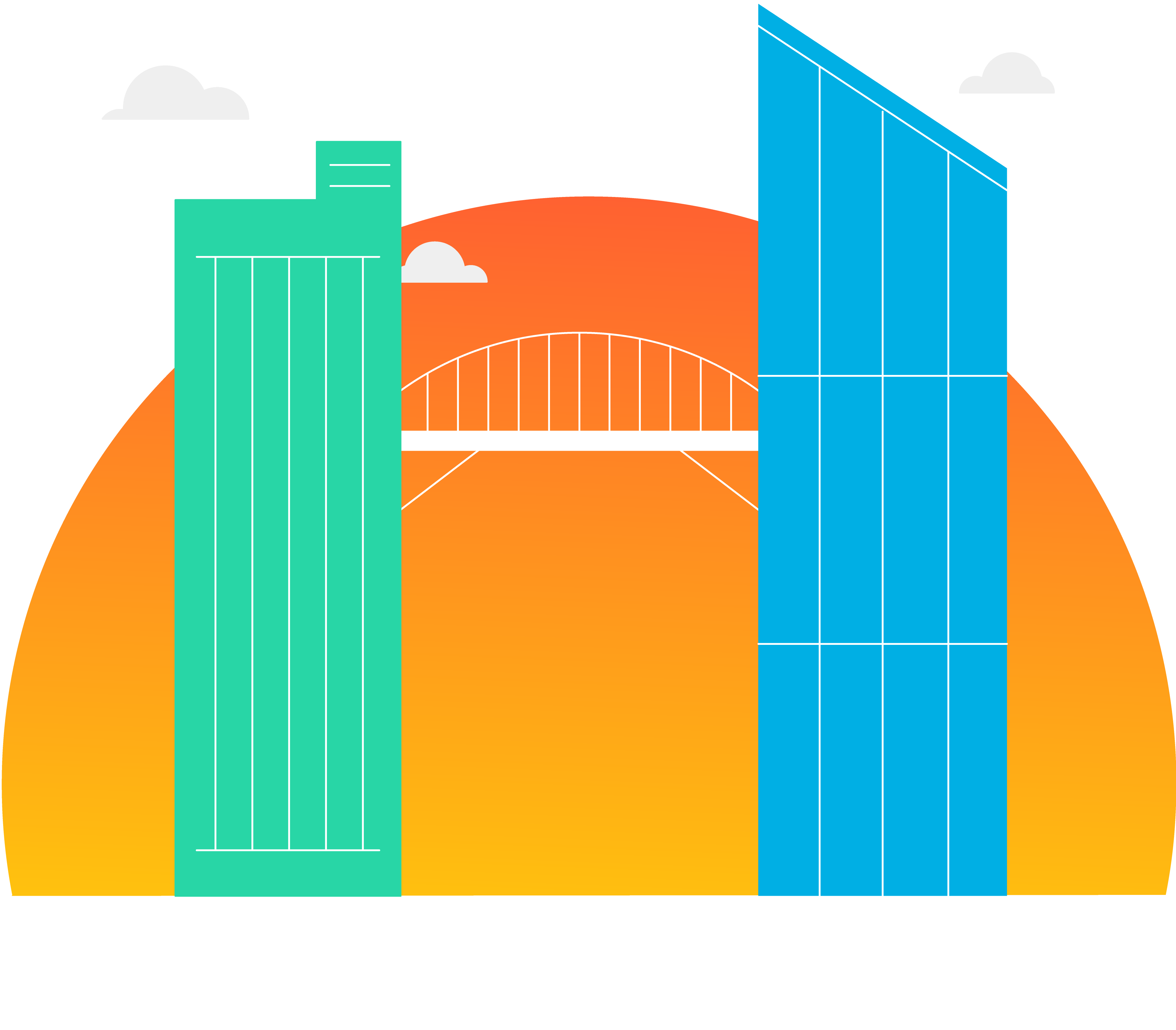 Illustration of two commercial real estate buildings connected by a bridge in front of an orange sunset.