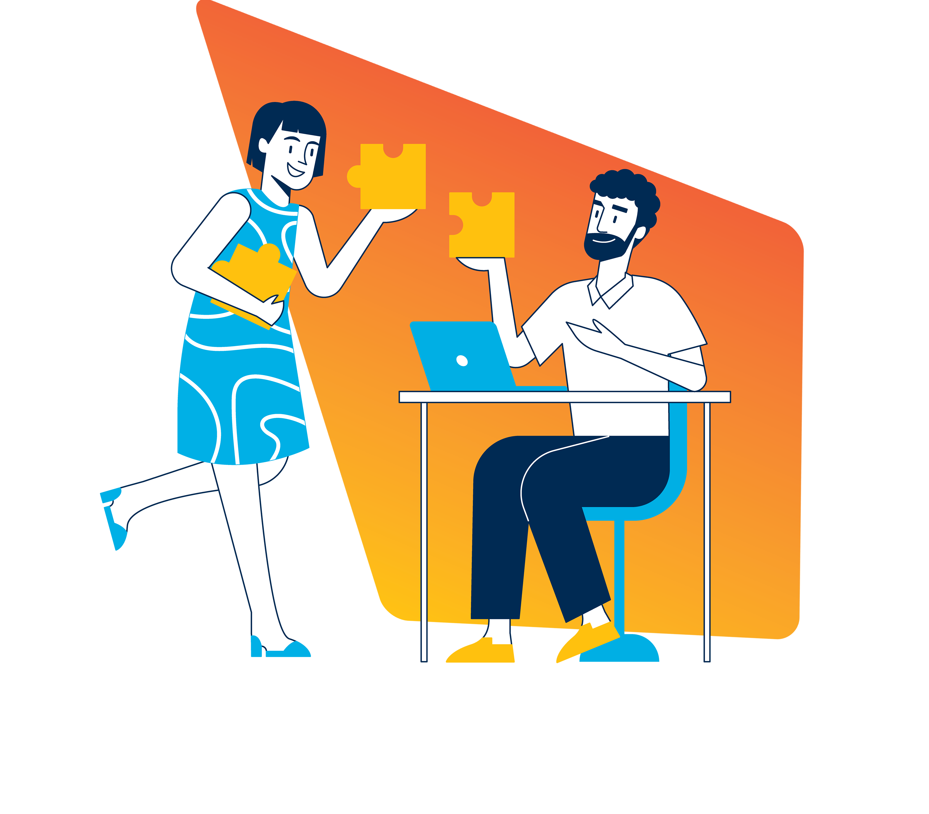 Illustration of a female lease accountant holding puzzle pieces next to a male lease accountant sitting at a computer holding up a compatible puzzle piece