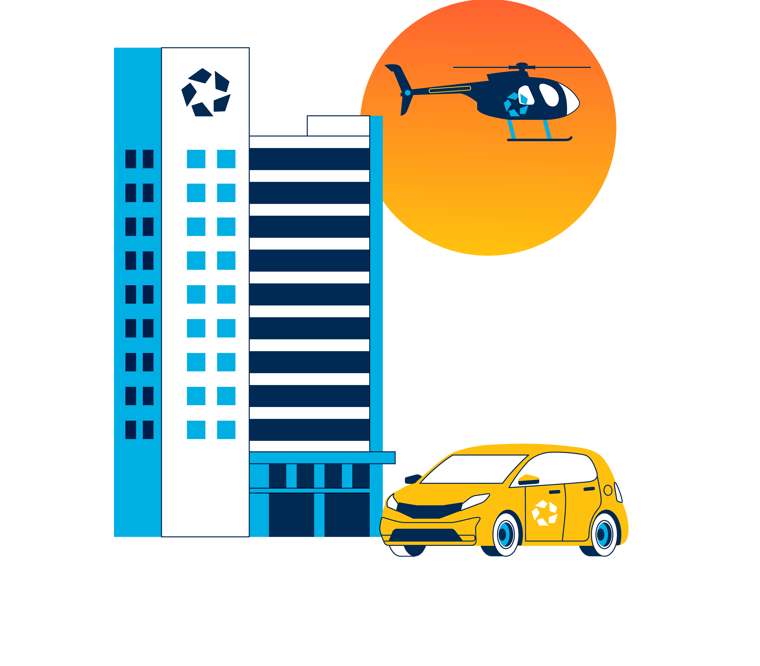 Illustration of a CoStar branded high rise office building, a CoStar branded car and a CoStar branded helicopter flying overhead.