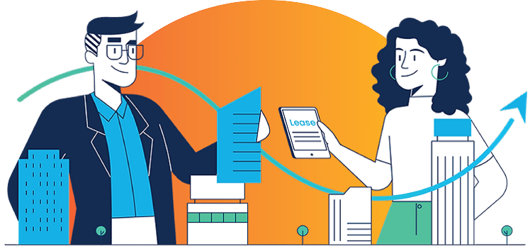 Illustration of lease administrator, male, and female lease accountant, stand behind buildings and smile proudly.