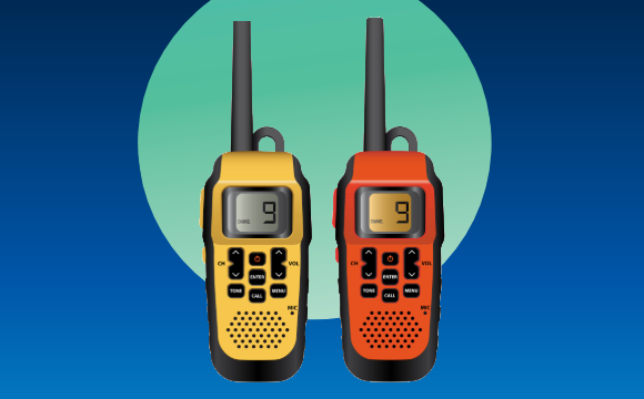 A yellow walkie talkie and red walkie talkie next to each other against a circle background
