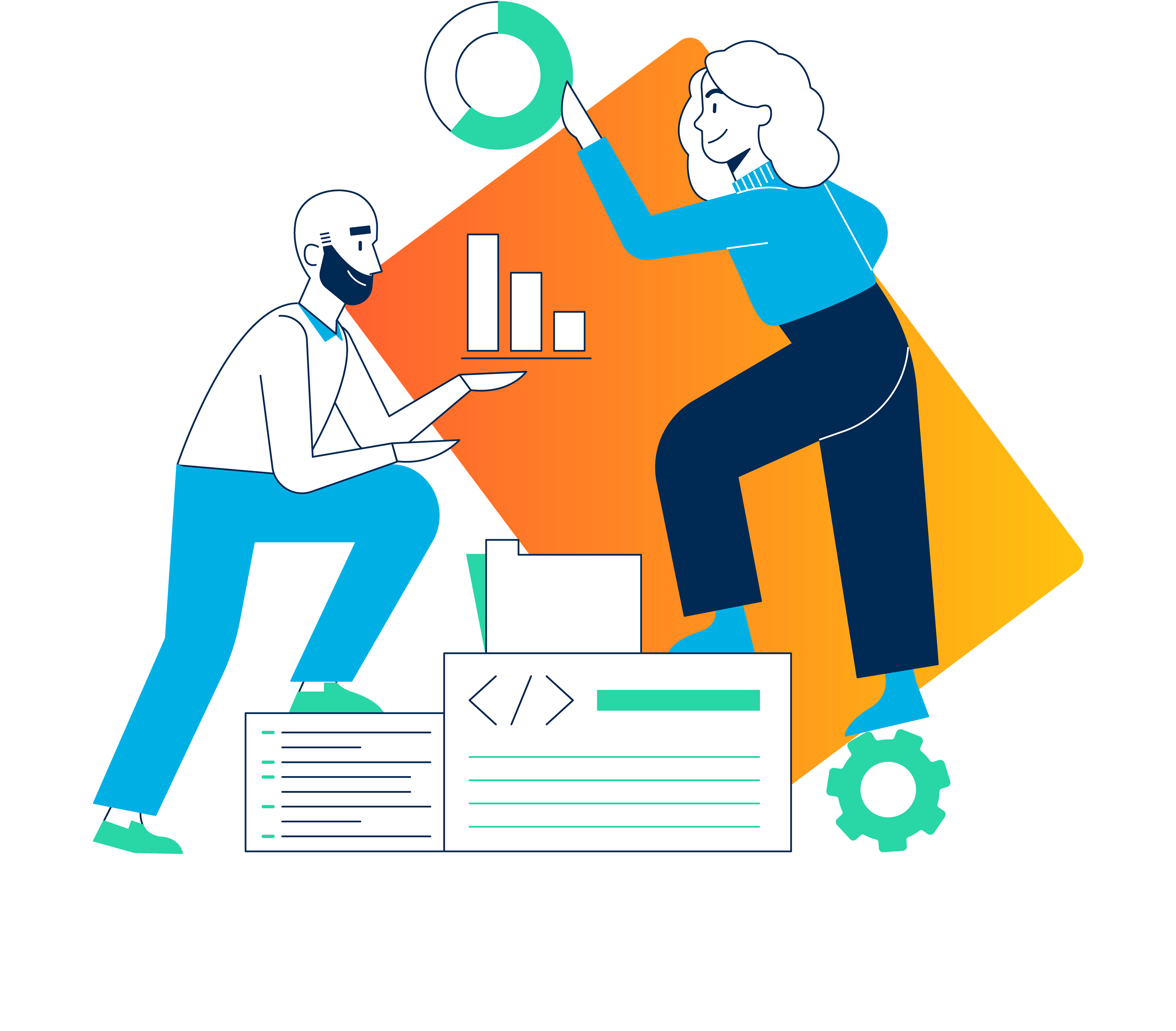 Illustration of a man with a beard and a woman with curly hair climbing on file boxes and holding graphs in the air.