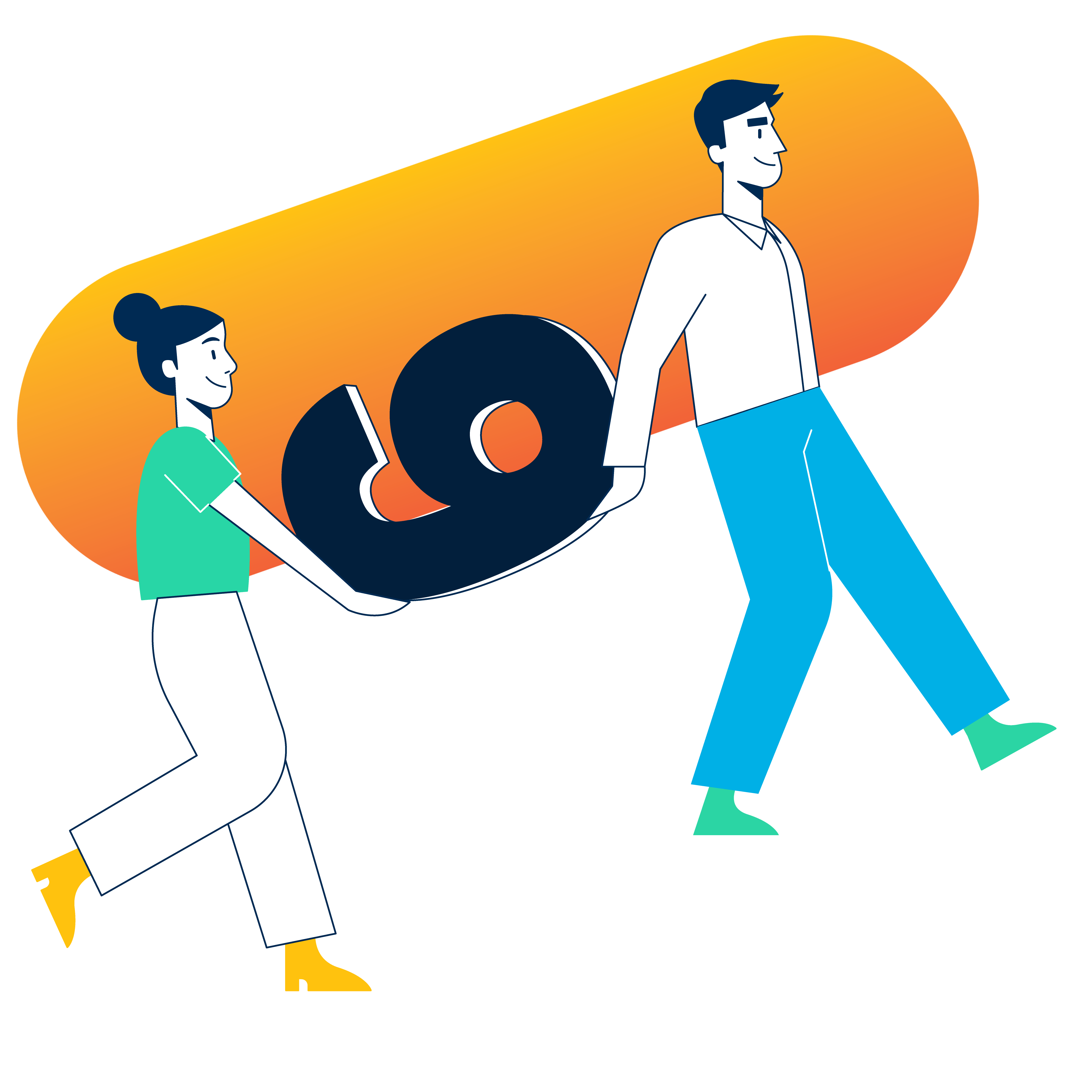 Illustration of a man and woman walking up stairs carrying a large number 6