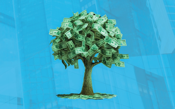 Tree with dollar bills instead of leaves with a blue washed building in the background