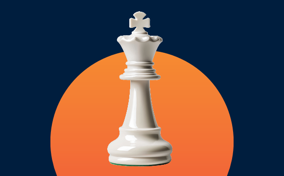 Chess piece against an orange circle on a navy background