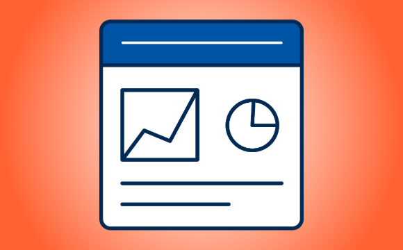Illustration of a computer screen with a line graph, a pie graph and lines underneath.