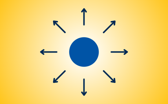 Illustration of a ball surrounded by arrows pointing outward to signify implementations and productivity.