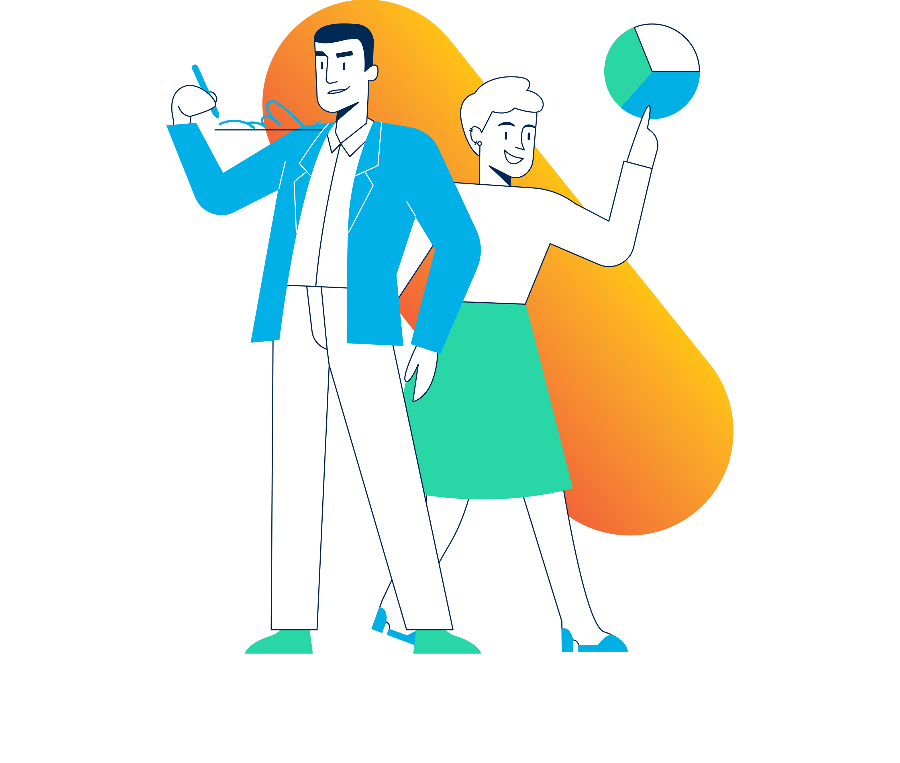 Illustration of a male lease administrator signing a document and a female commercial real estate professional presenting a pie chart.
