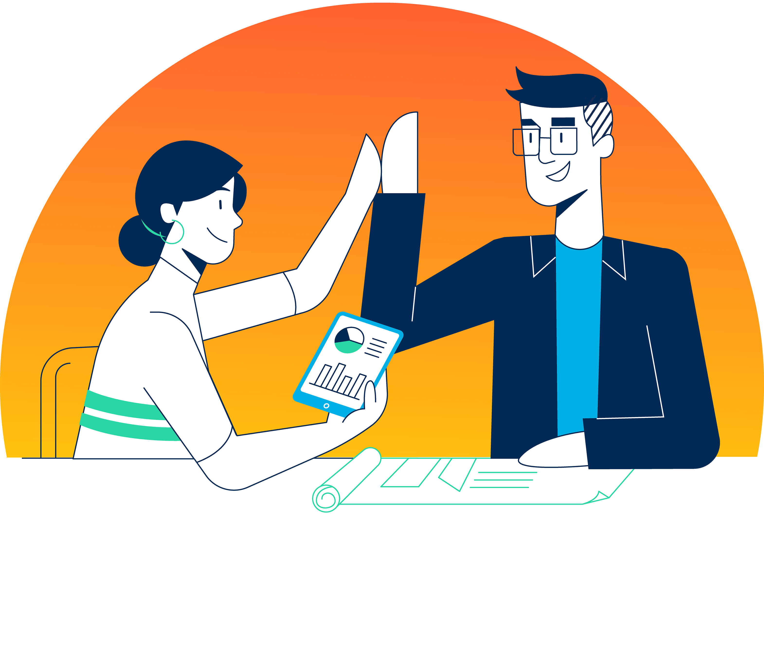 Illustration of female lease accountant and male commercial real estate professional high fiving