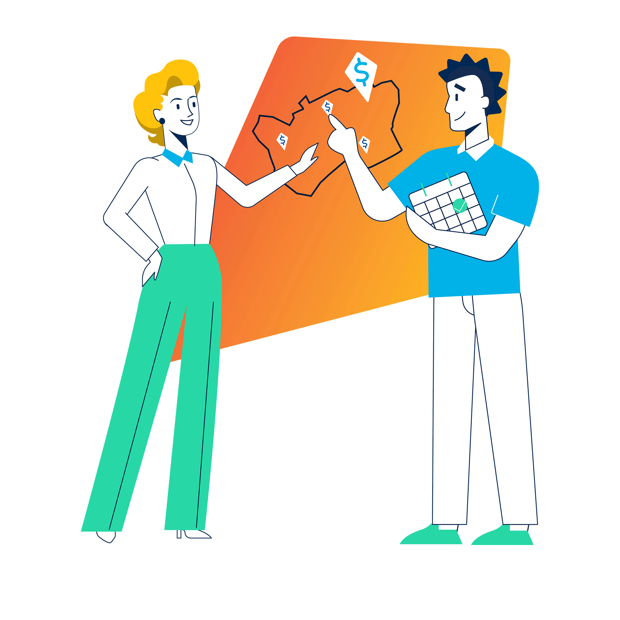 Illustration of retail lease managers looking at a map
