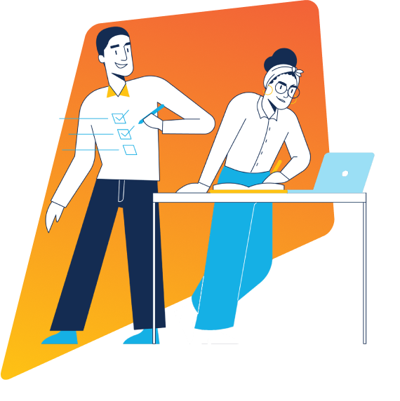 Illustration of male lease accountant checking a list and female lease accountant examines a notebook and a laptop.