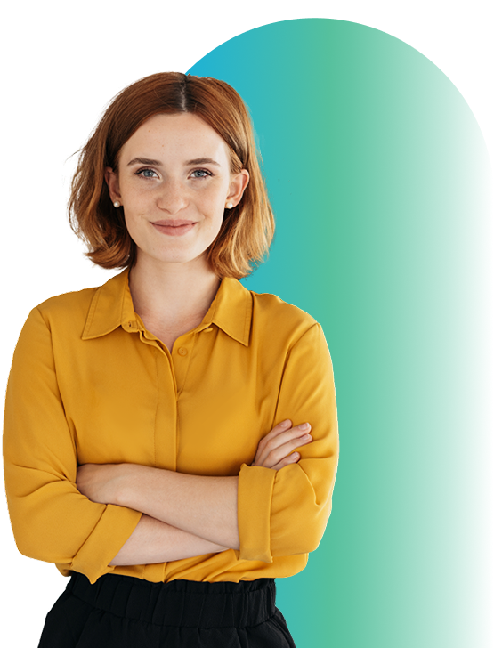 Redheaded female lease accounting grins confidently with arms crossed.